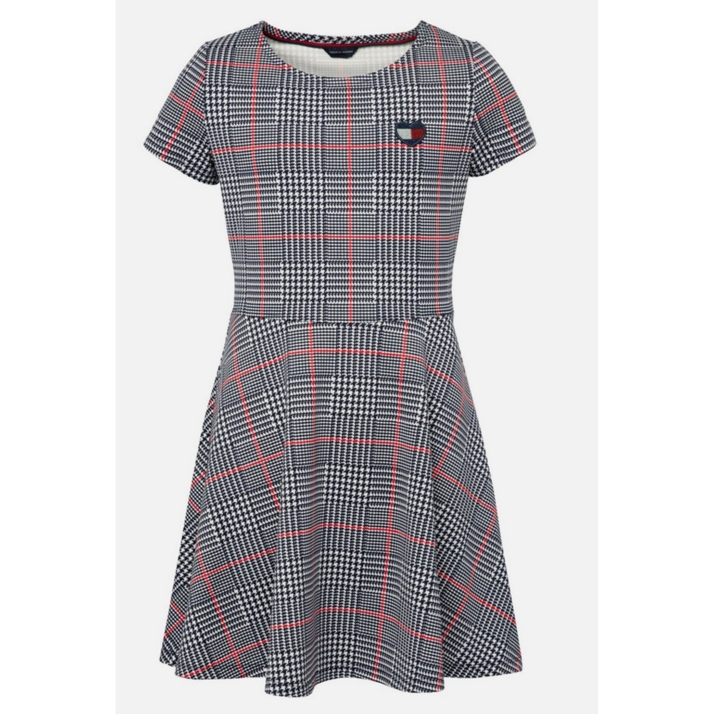 Tommy Hilfiger Girls Navy Red Glen Plaid Heart Logo Skater Dress Large 12/14